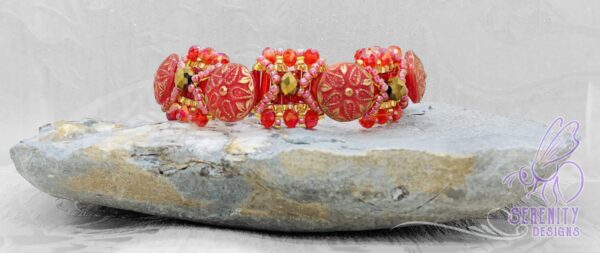 Red and Gold Art Deco Glass Button, Crystal & Bead Bracelet - main product image