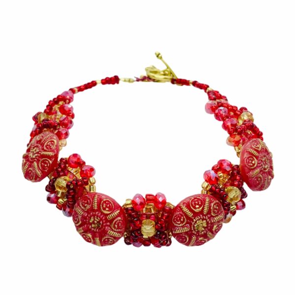 Red and Gold Art Deco Glass Button, Crystal & Bead Bracelet - product image 2