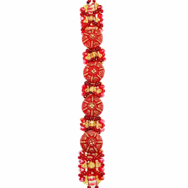 Red and Gold Art Deco Glass Button, Crystal & Bead Bracelet - main product image