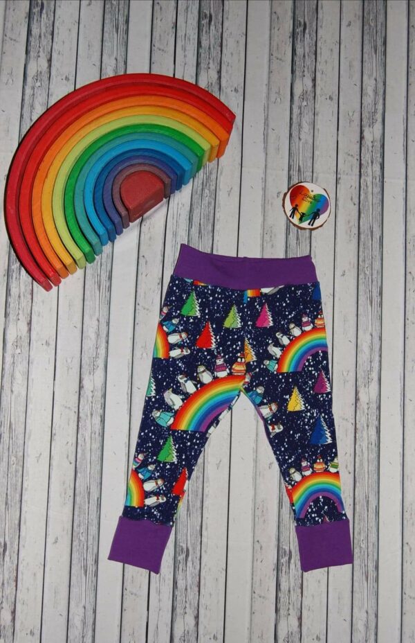 Rainbow Penguin Winter French Terry Cuffed Leggings. Size 6-9 months - main product image