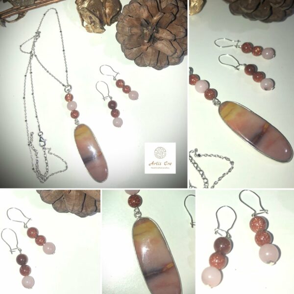 Mookaite, Goldstone & Cherry Blossom Jasper pendant and earrings set in Sterling Silver 16” chain - main product image