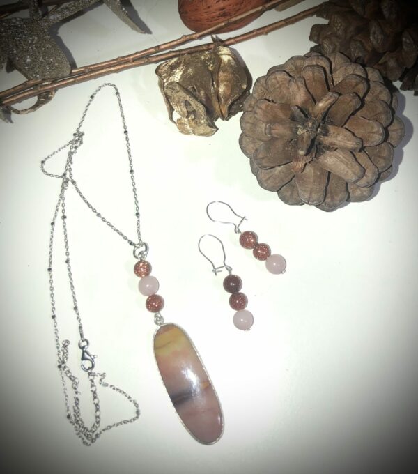 Mookaite, Goldstone & Cherry Blossom Jasper pendant and earrings set in Sterling Silver 16” chain - product image 2