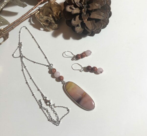 Mookaite, Goldstone & Cherry Blossom Jasper pendant and earrings set in Sterling Silver 16” chain - product image 5