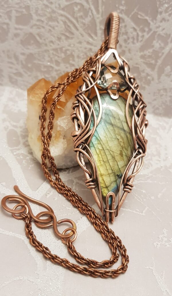 Statement Labradorite Gemstone And Faceted Green Amethyst Hammered Copper Wire Wrapped Pendant - main product image