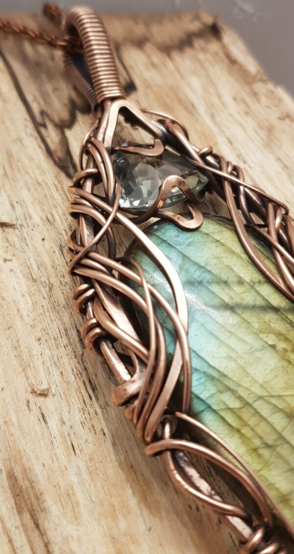 Statement Labradorite Gemstone And Faceted Green Amethyst Hammered Copper Wire Wrapped Pendant - product image 4