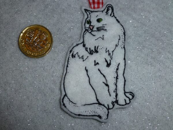 White cat embroidered Christmas tree decoration - main product image