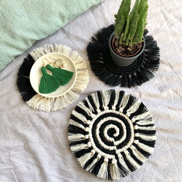 Handmade Macramé Coasters in Black – Boho Decor in Plain, Spiral or Colour Block styles - main product image