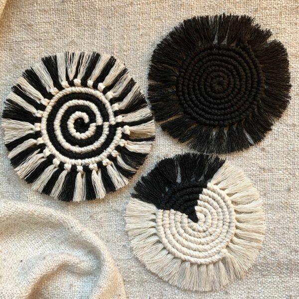 Handmade Macramé Coasters in Black – Boho Decor in Plain, Spiral or Colour Block styles - product image 2