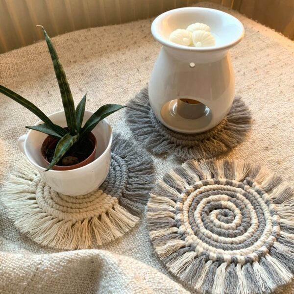 Handmade Macramé Coasters in Grey – Boho Decor in Plain, Spiral or Colour Block styles - main product image