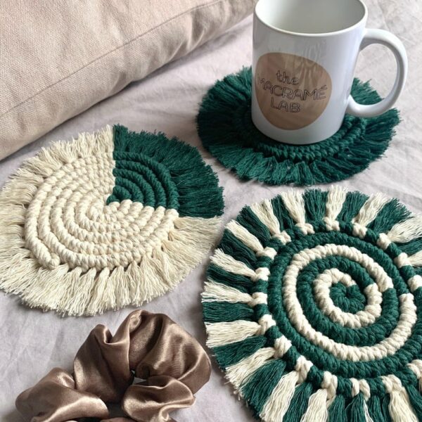 Handmade Macramé Coasters in Emerald Green – Boho Decor in Plain, Spiral or Colour Block styles - main product image