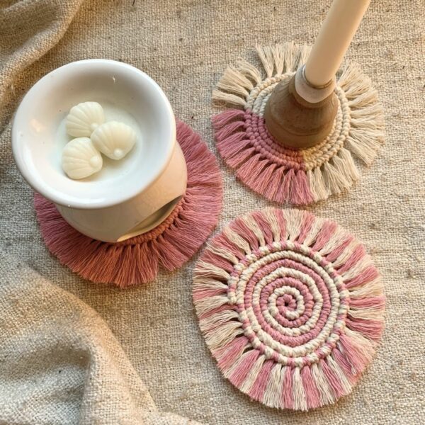 Handmade Macramé Coasters in Baby Pink – Boho Decor in Plain, Spiral or Colour Block styles - main product image