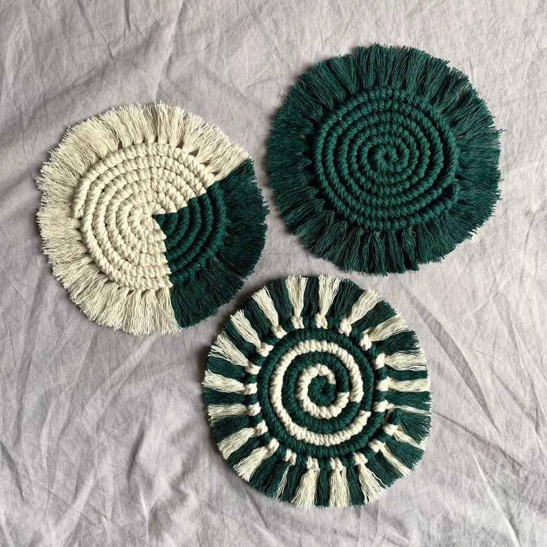 Handmade Macramé Coasters in Emerald Green – Boho Decor in Plain, Spiral or Colour Block styles