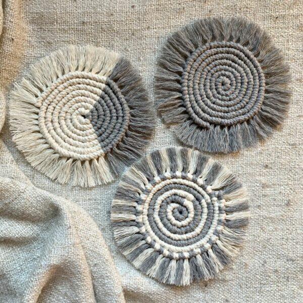 Handmade Macramé Coasters in Grey – Boho Decor in Plain, Spiral or Colour Block styles - product image 2