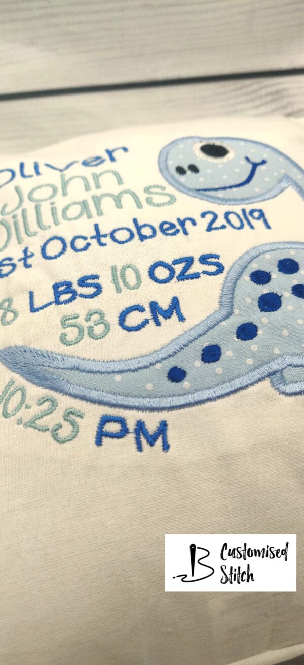 Personalised Embroidered Dinosaur cushion includes birth statistics - product image 5