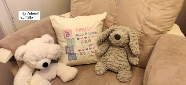 Beautiful Embroidered Personalised Baby Girl Block Cushion featuring Baby Birth Statistics - product image 4