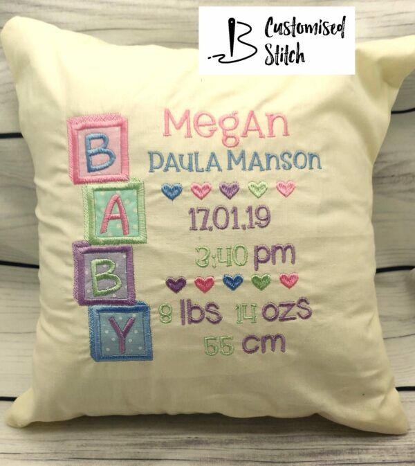 Beautiful Embroidered Personalised Baby Girl Block Cushion featuring Baby Birth Statistics - main product image