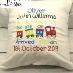 Personalised Embroidered Train design cushion, includes baby statistics