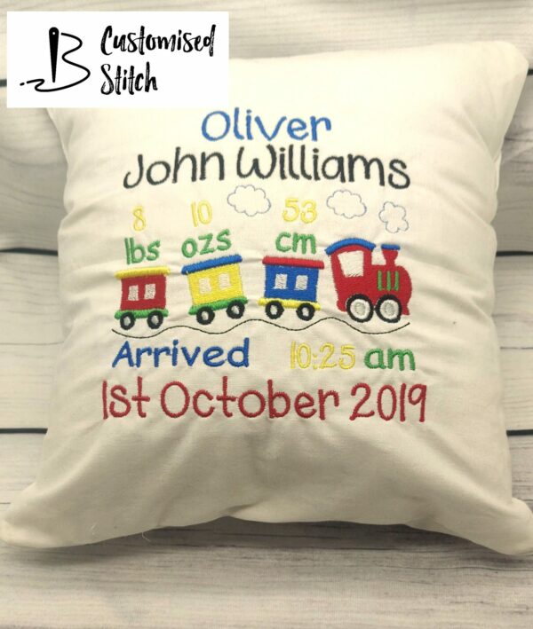 Personalised Embroidered Train design cushion, includes baby statistics - main product image