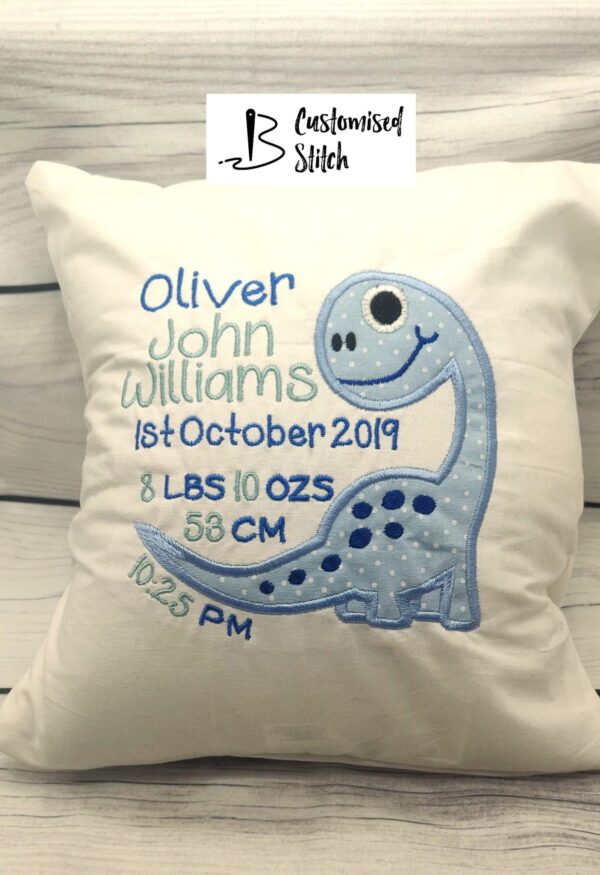 Personalised Embroidered Dinosaur cushion includes birth statistics - product image 4