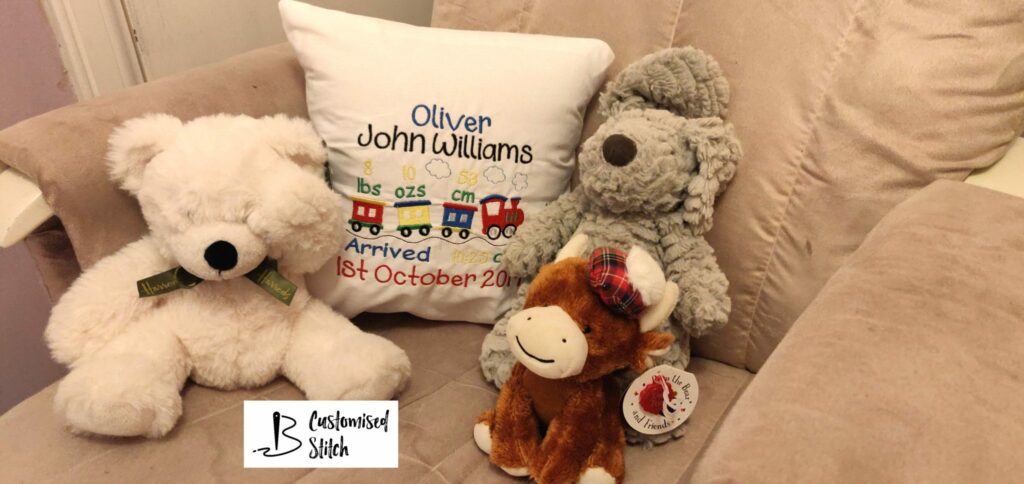 Personalised Embroidered Train design cushion, includes baby statistics