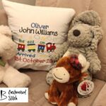 Personalised Embroidered Train design cushion, includes baby statistics