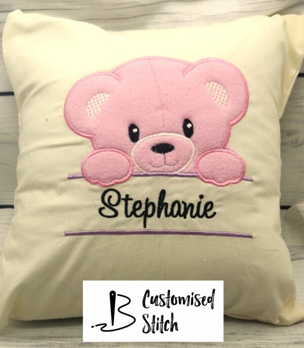 Baby Girl Teddy Bear Embroidered Cushion - main product image