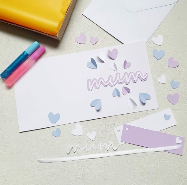 Card & Gift Tag Making Kit – Mum Hearts in Purple & Blue - main product image