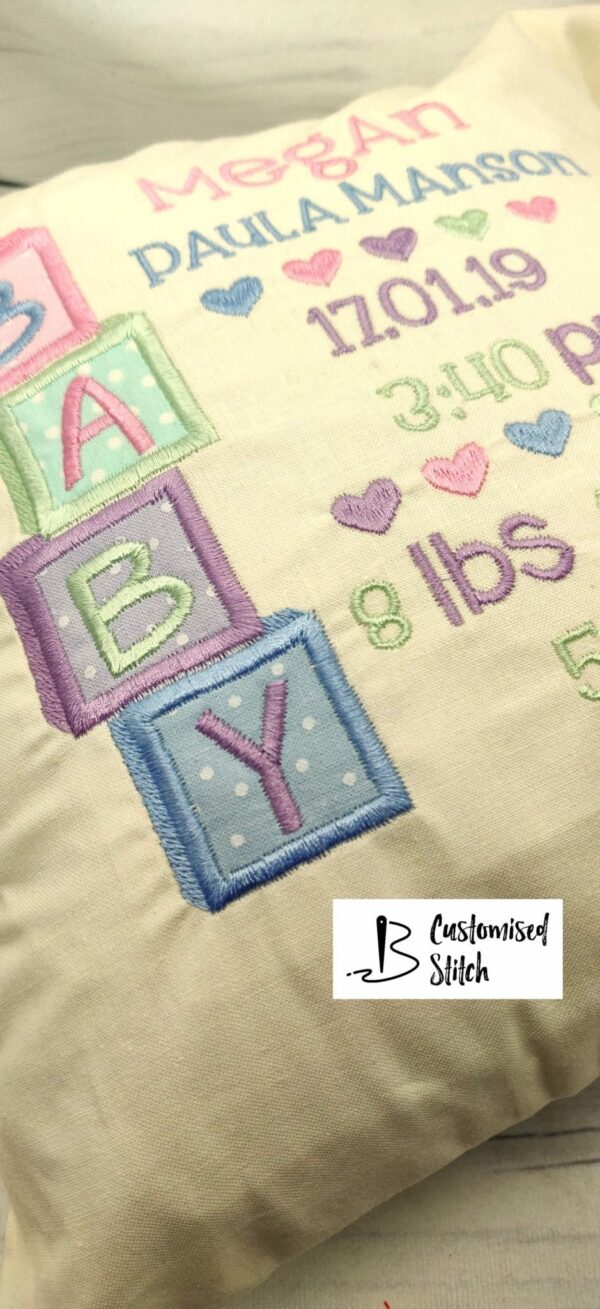 Beautiful Embroidered Personalised Baby Girl Block Cushion featuring Baby Birth Statistics - product image 3