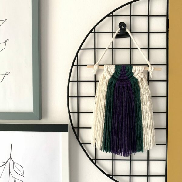 Mini Macramé Wall Hanging – Half Moon Style, Purple + Emerald Green - main product image