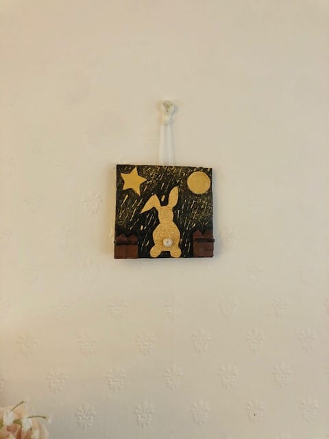 Handmade clay art picture ‘Golden bunny dreaming in a golden rain’ - product image 3