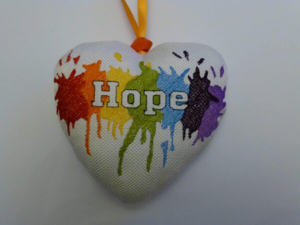 Embroidered fabric heart – Hope hanging decoration rainbow colours - main product image