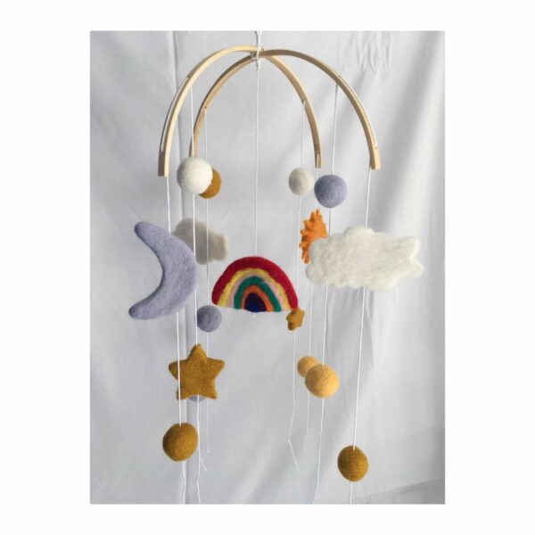 Rainbow, sun, moon, cloud & stars needle felt cot mobile - product image 2