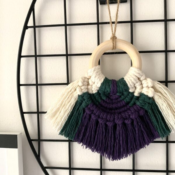 Macramé Ornament – Half Moon Style, Purple + Emerald Green Colourway - product image 2