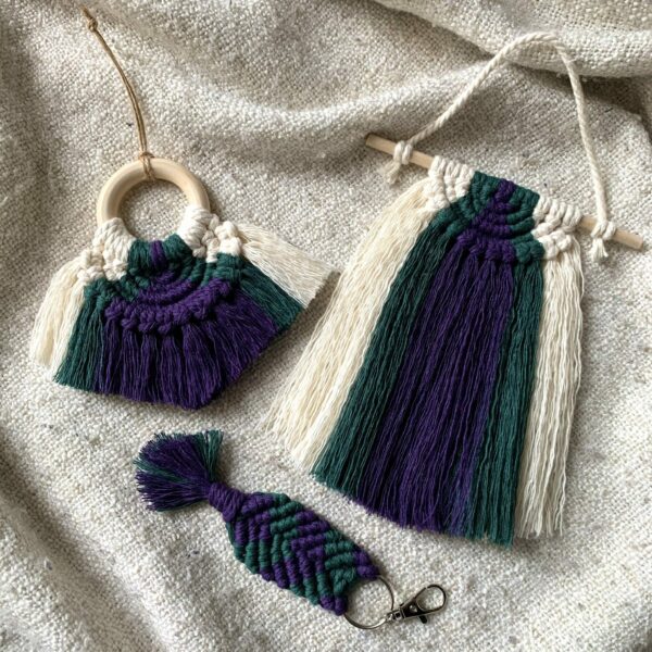 Macramé Ornament – Half Moon Style, Purple + Emerald Green Colourway - product image 3