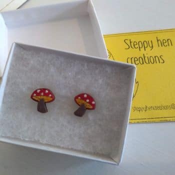 Unique handmade wooden toadstool earrings | Laser engraved original design - main product image