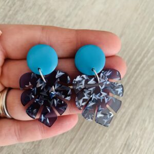 Transparent Blue Monstera Pendants with glitter charms with turquoise clay charm stud dangle