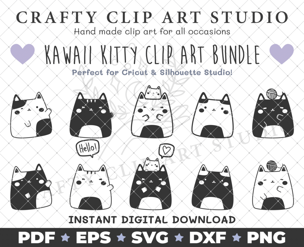 Kawaii Kitty Clip Art Bundle – 10 Cute Designs: SVG, DXF, PNG & More!