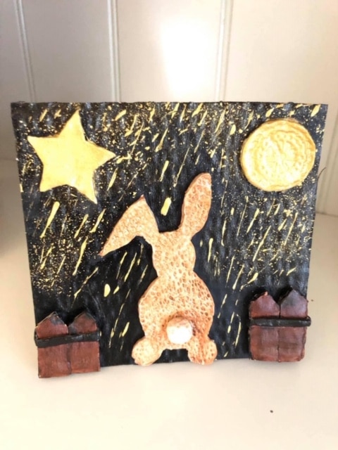 Handmade clay art picture ‘Golden bunny dreaming in a golden rain’ - main product image