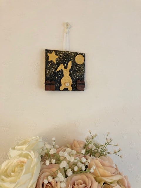 Handmade clay art picture ‘Golden bunny dreaming in a golden rain’ - product image 2