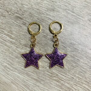 Gold and purple star charms on gold huggie hoops: placeholder image (loading)