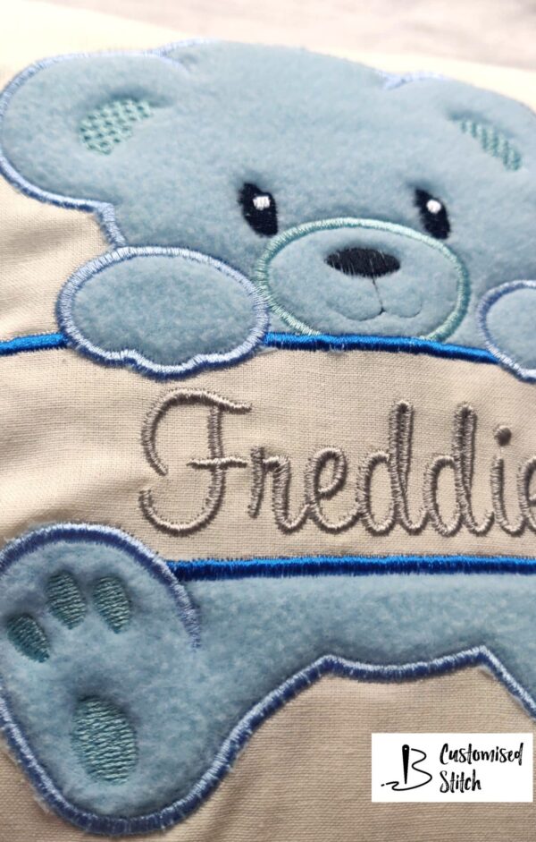 Personalised Embroidered Teddy Bear Cushion with child’s name (Blue) - product image 3