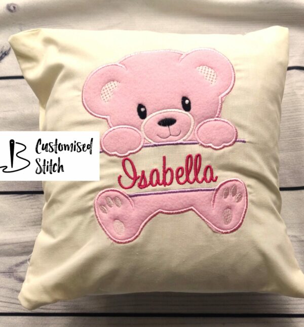 Personalised Embroidered Teddy Bear Cushion with child’s name (Pink) - main product image