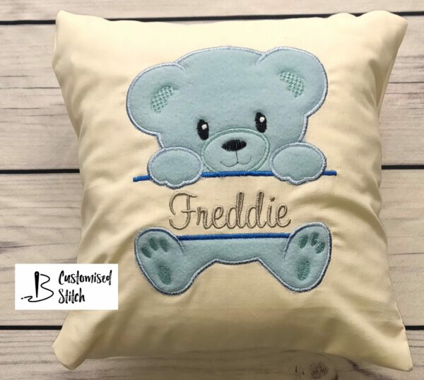 Personalised Embroidered Teddy Bear Cushion with child’s name (Blue) - main product image