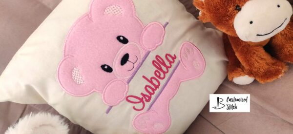 Personalised Embroidered Teddy Bear Cushion with child’s name (Pink) - product image 3