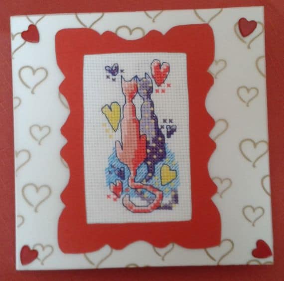 Crazy Cats & Hearts Cross Stitch Card Just for You – Wedding, Engagment, Anniversary - main product image