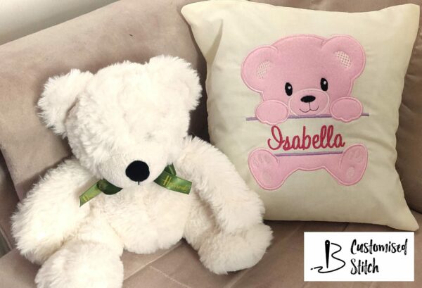 Personalised Embroidered Teddy Bear Cushion with child’s name (Pink) - product image 2