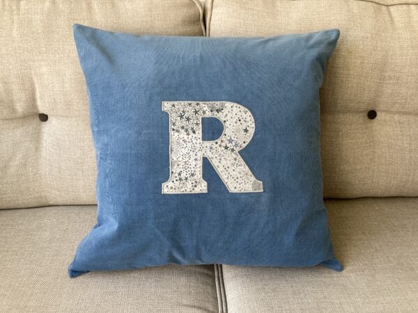 Personalised Liberty Print Initial Cushion – Blue/Adelajda - main product image