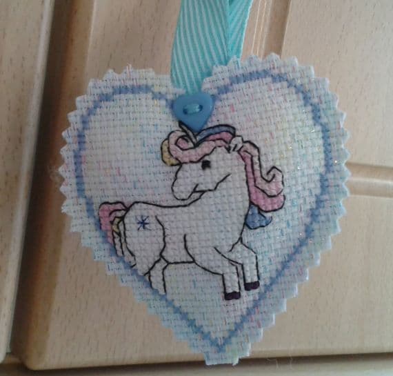 Metallic Rainbow Unicorn Hanging Heart – Blue Border - main product image