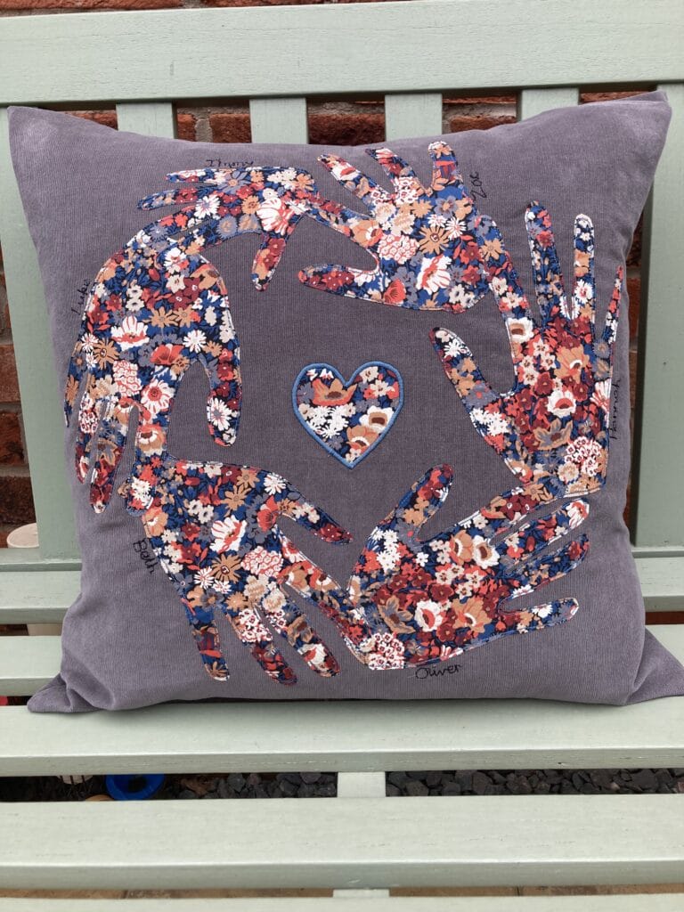 Personalised Liberty print handprint cushion – grey/Liberty Thorpe