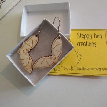 Handmade wooden dangly bat earrings | Laser engraved original design - product image 2